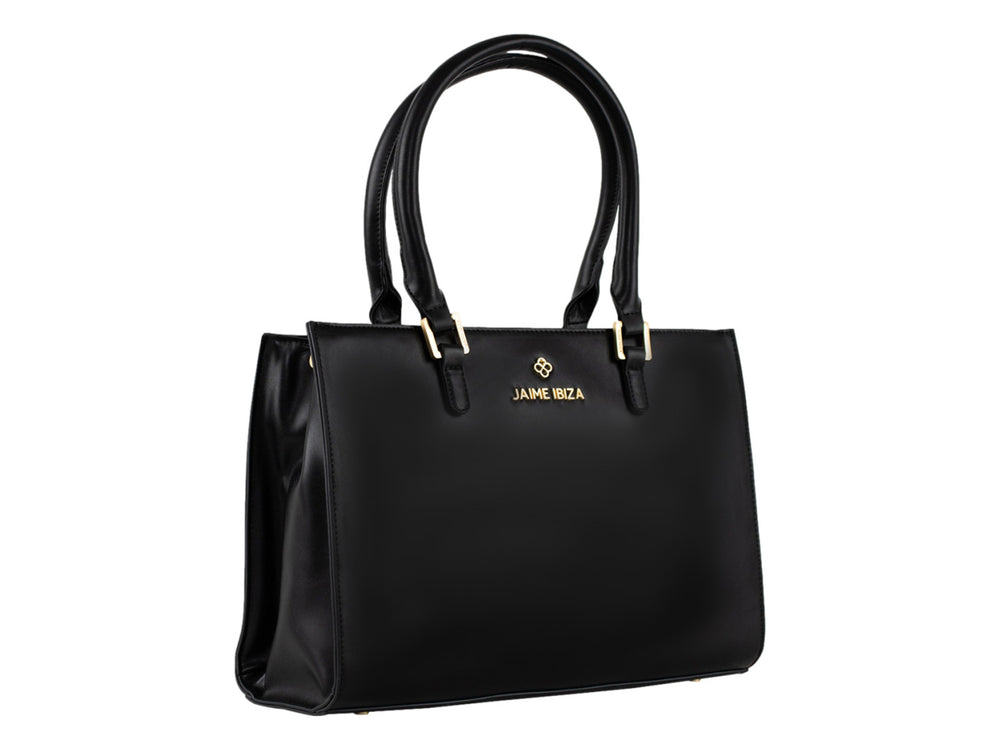 Bolsa tote color negro de Jaime Ibiza con detalles dorados y correa ajustable.