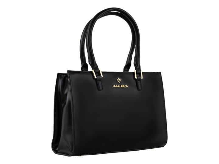 Bolsa tote color negro de Jaime Ibiza con detalles dorados y correa ajustable.