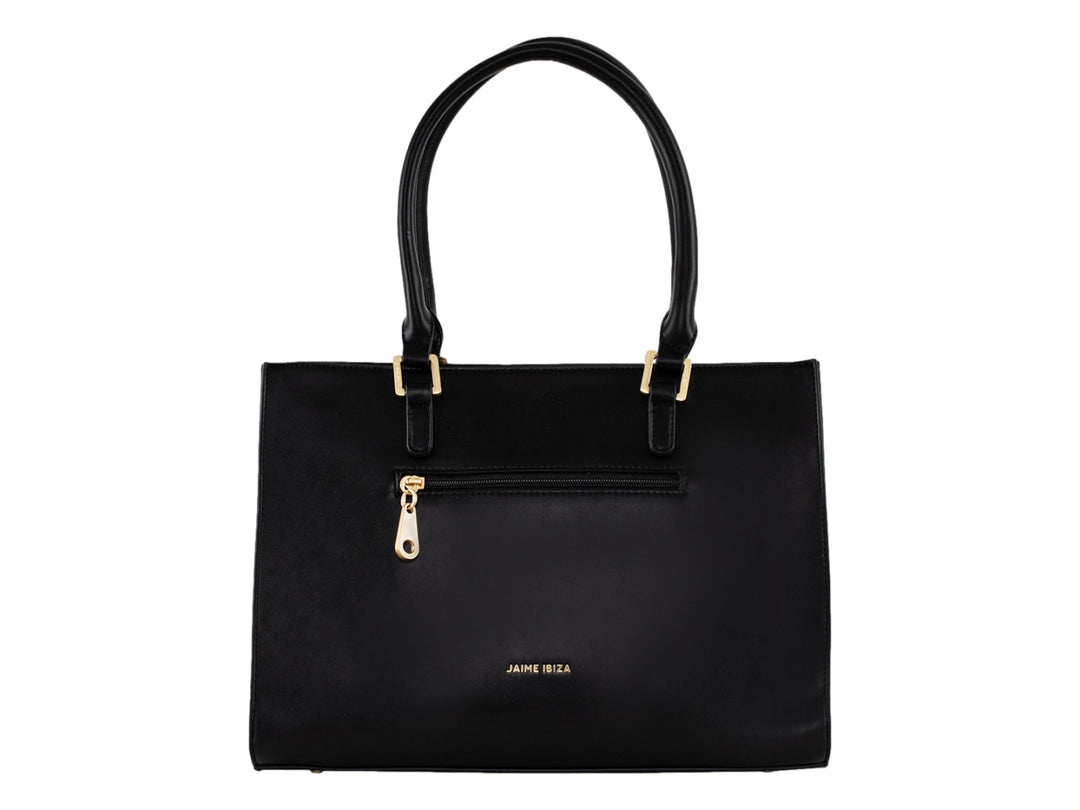 Bolsa tote color negro de Jaime Ibiza con detalles dorados y correa ajustable.