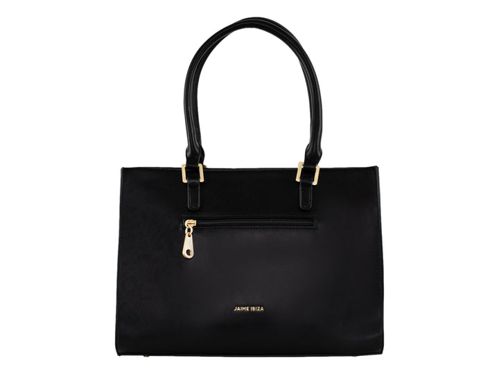 Bolsa tote color negro de Jaime Ibiza con detalles dorados y correa ajustable.