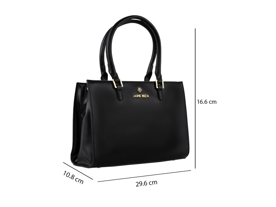 Bolsa tote color negro de Jaime Ibiza con detalles dorados y correa ajustable.
