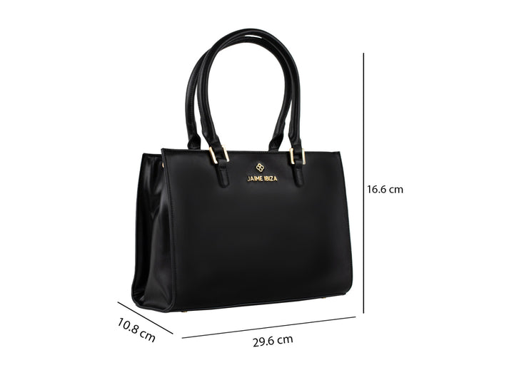 Bolsa tote color negro de Jaime Ibiza con detalles dorados y correa ajustable.