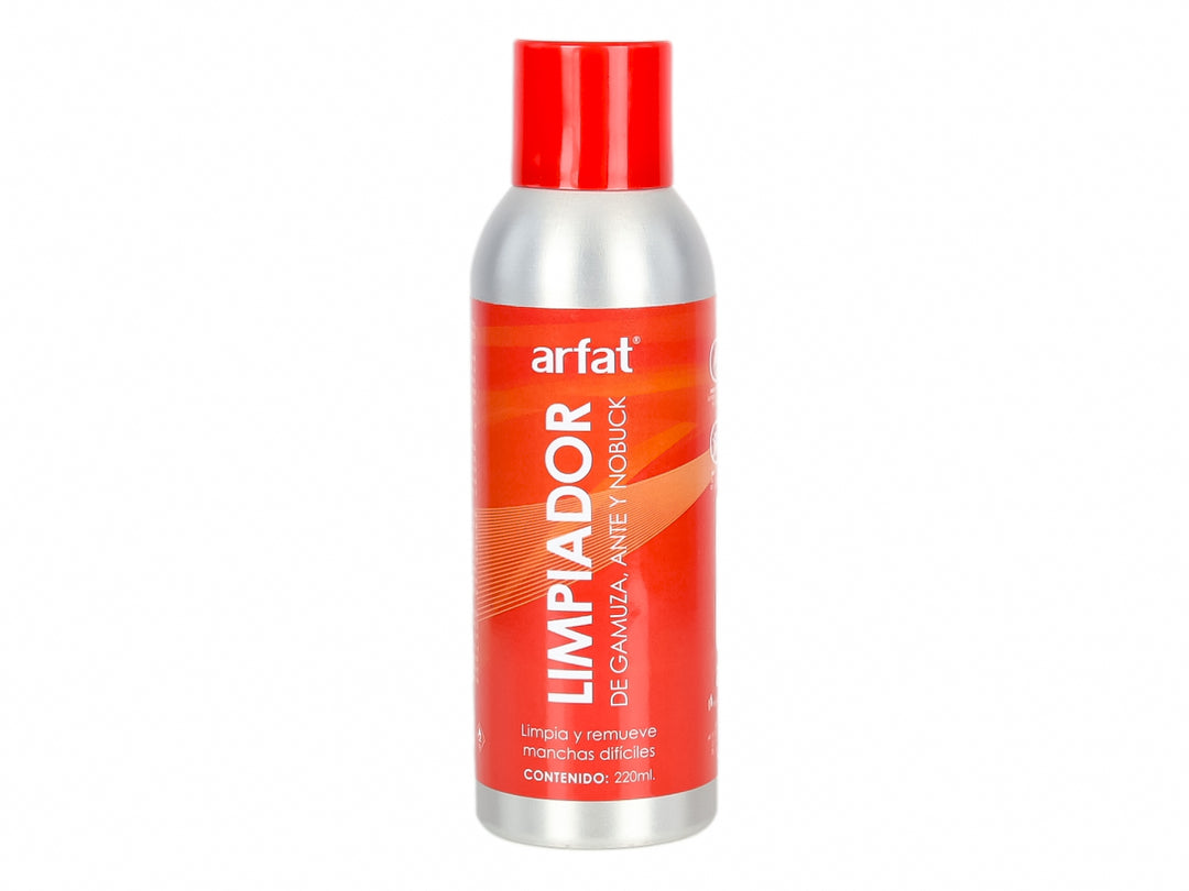 Botella de limpiador ARFAT de color plata con tapa y etiqueta roja.