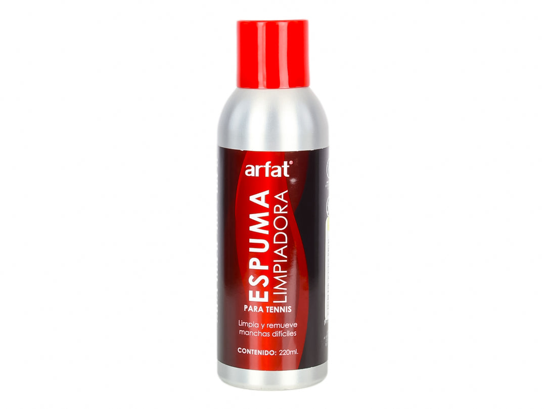 Botella de espuma limpiadora para tenis ARFAT, color plateado con tapa roja y etiqueta roja y negra.