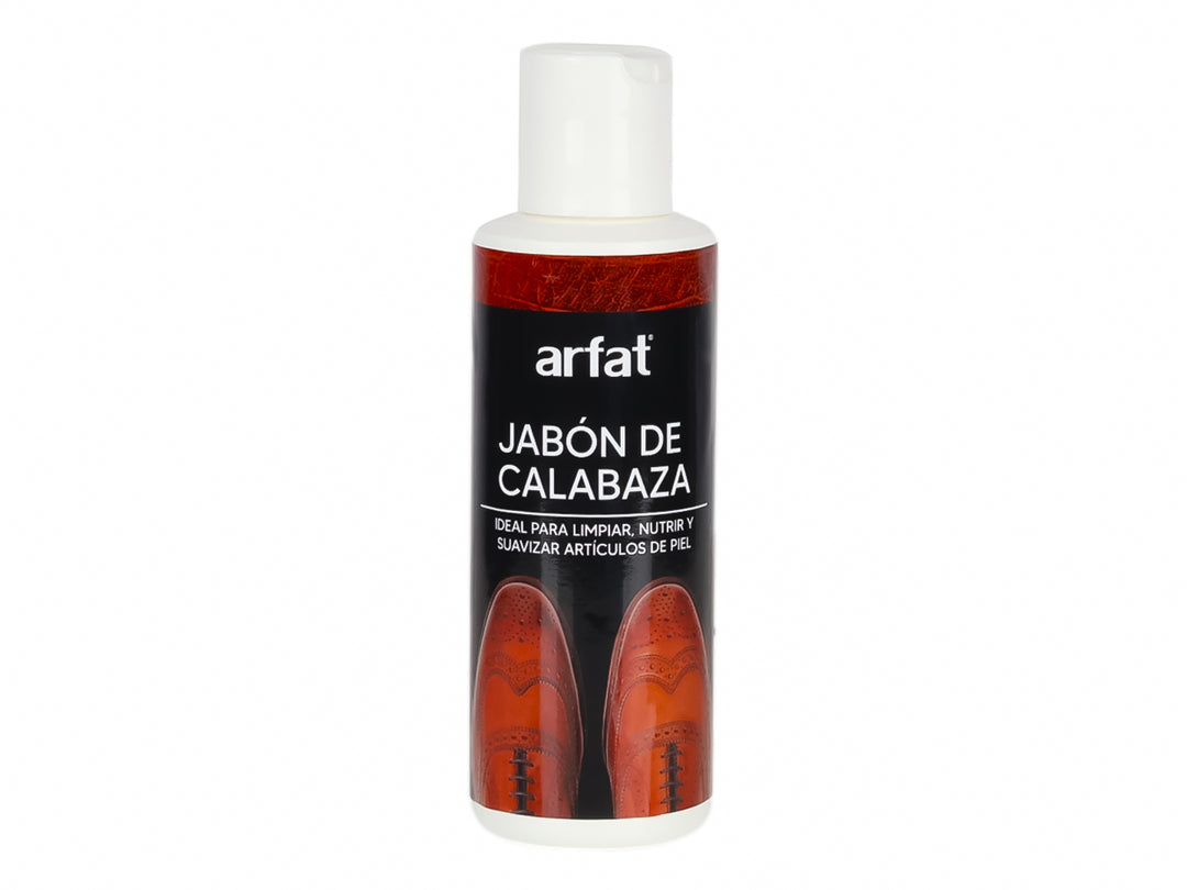 Botella blanca de Jabón de Calabaza Arfat para limpieza y nutrición de artículos de piel con etiqueta negra.