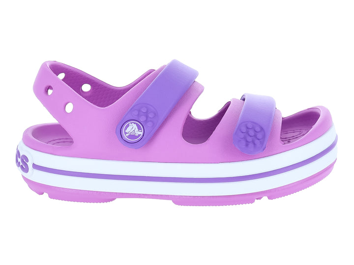 Sandalias Crocs modelo Bubble Crocband Cruiser en color morado con suela blanca y correas ajustables.