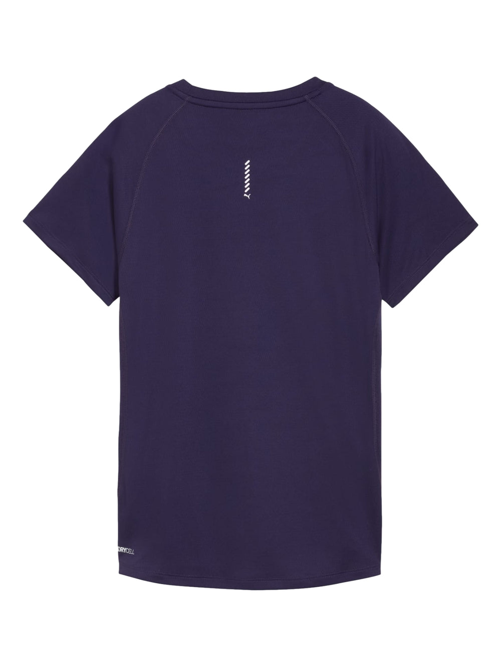 Camiseta deportiva PUMA de color morado oscuro con manga corta y logotipo blanco en el pecho.