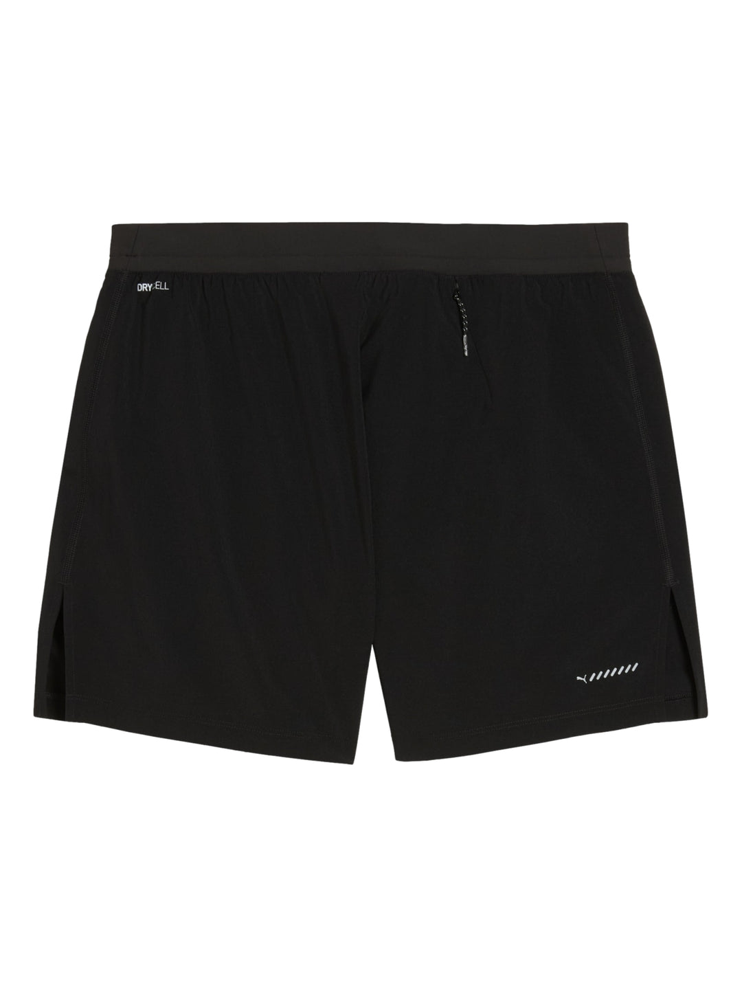 Hombre vistiendo shorts deportivos PUMA color negro con logo blanco en la pierna izquierda.