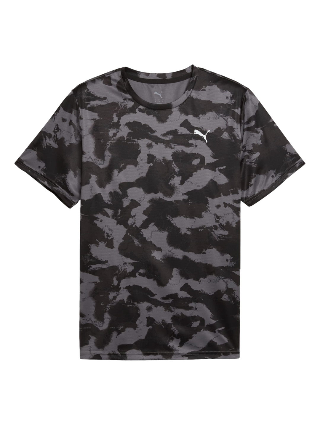Camiseta deportiva PUMA de manga corta con estampado de camuflaje en colores negro y gris.