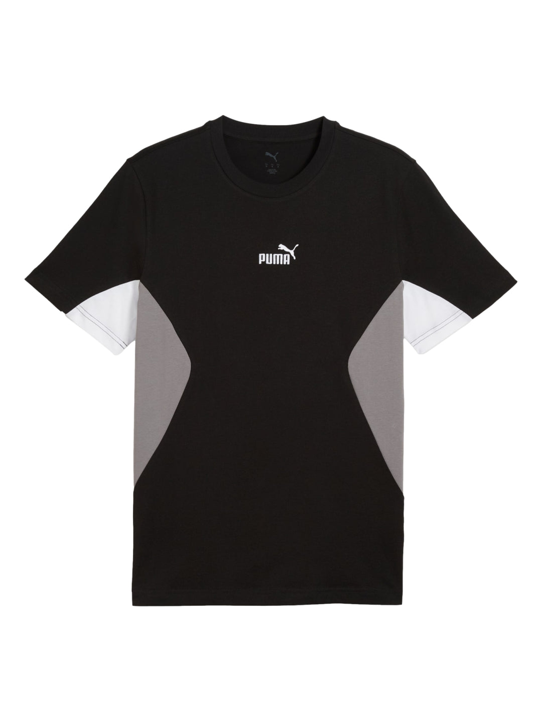 Camiseta PUMA color negro con paneles laterales grises y logotipo blanco en el pecho.