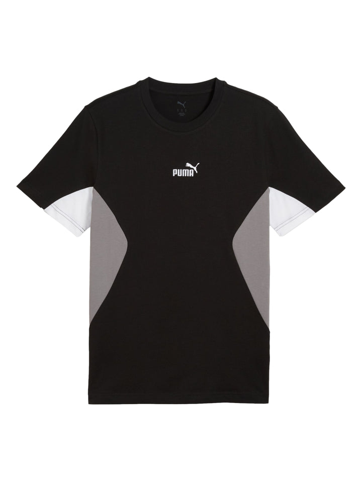 Camiseta PUMA color negro con paneles laterales grises y logotipo blanco en el pecho.