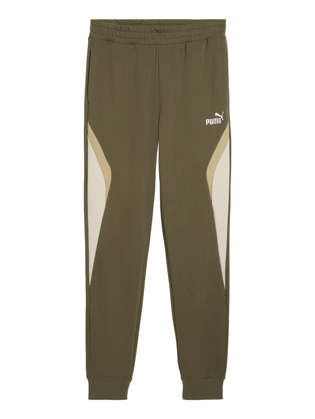 Pantalones deportivos PUMA color verde oliva con un panel lateral en tono beige y logotipo blanco.