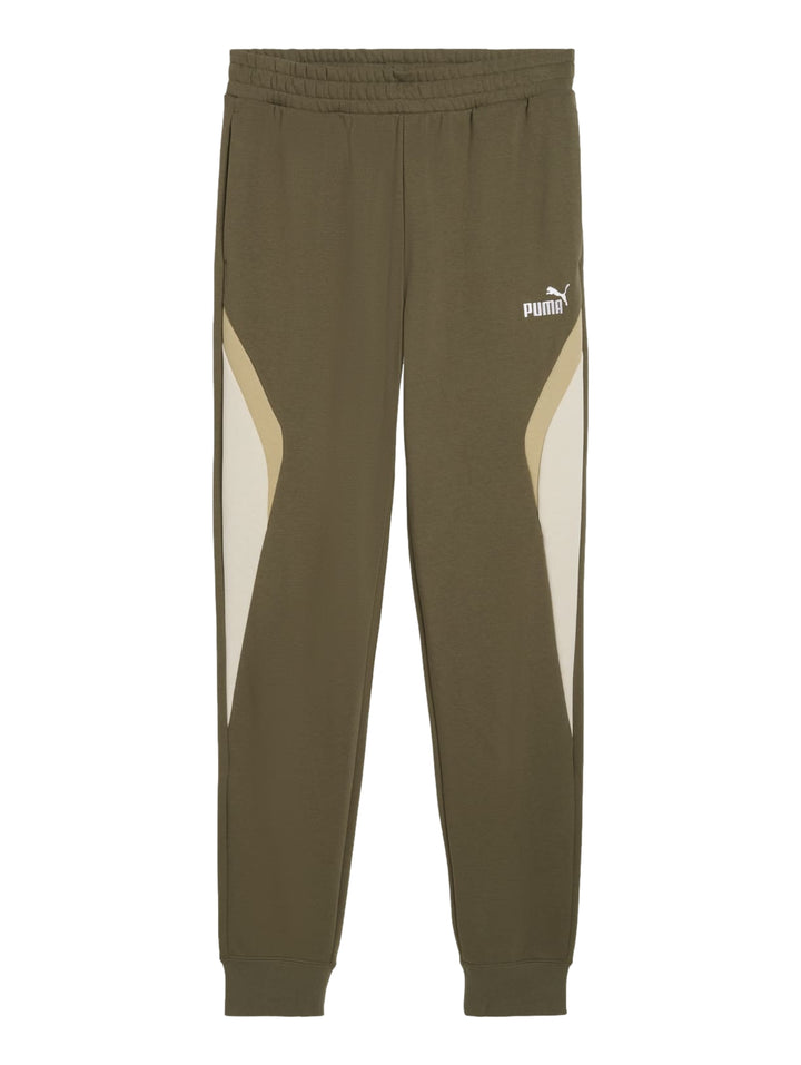 Pantalones deportivos PUMA color verde oliva con un panel lateral en tono beige y logotipo blanco.