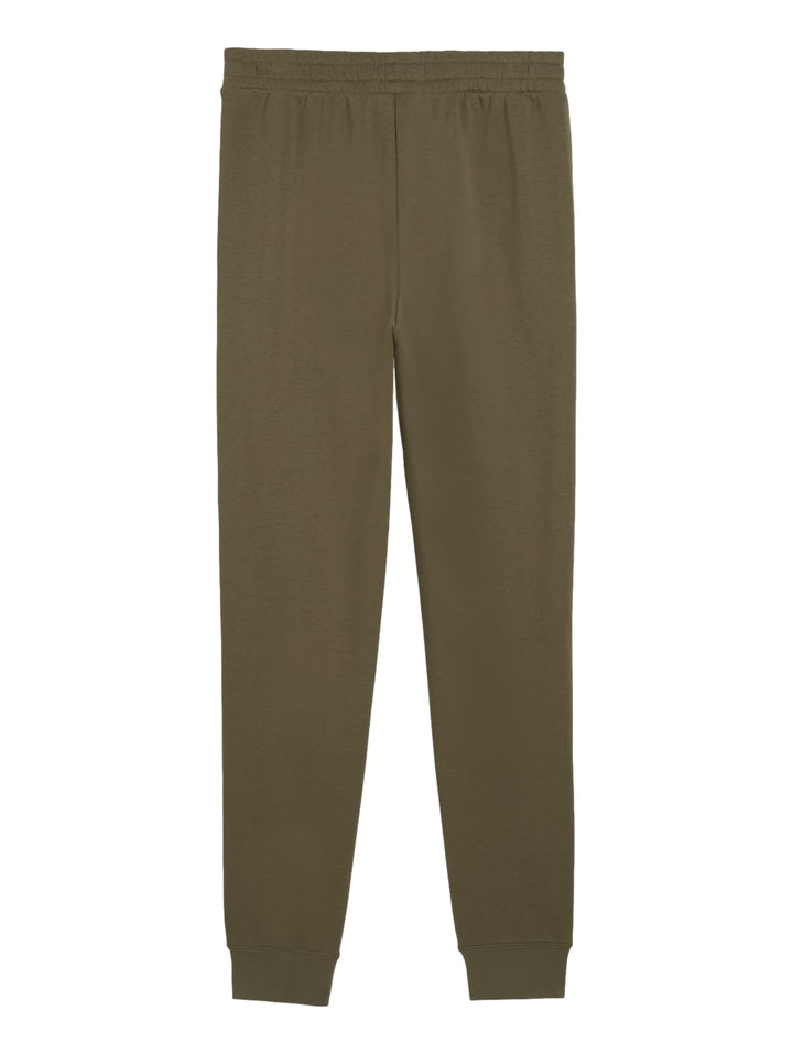 Pantalones deportivos PUMA color verde oliva con un panel lateral en tono beige y logotipo blanco.