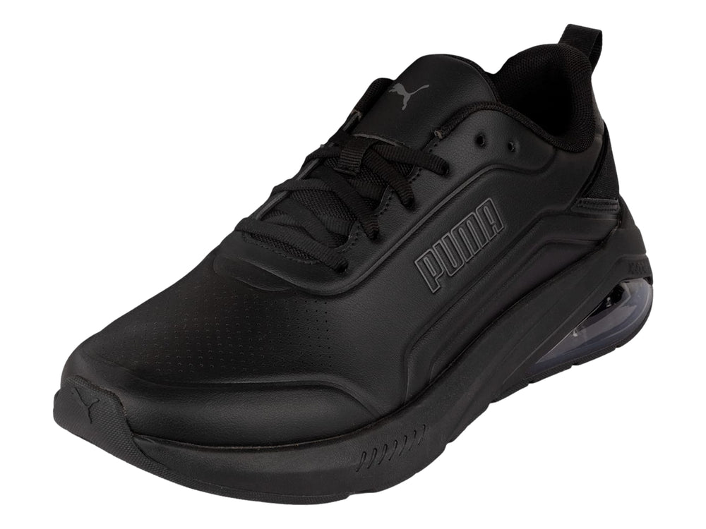 Tenis deportivos PUMA color negro con cámara de aire transparente en el talón.