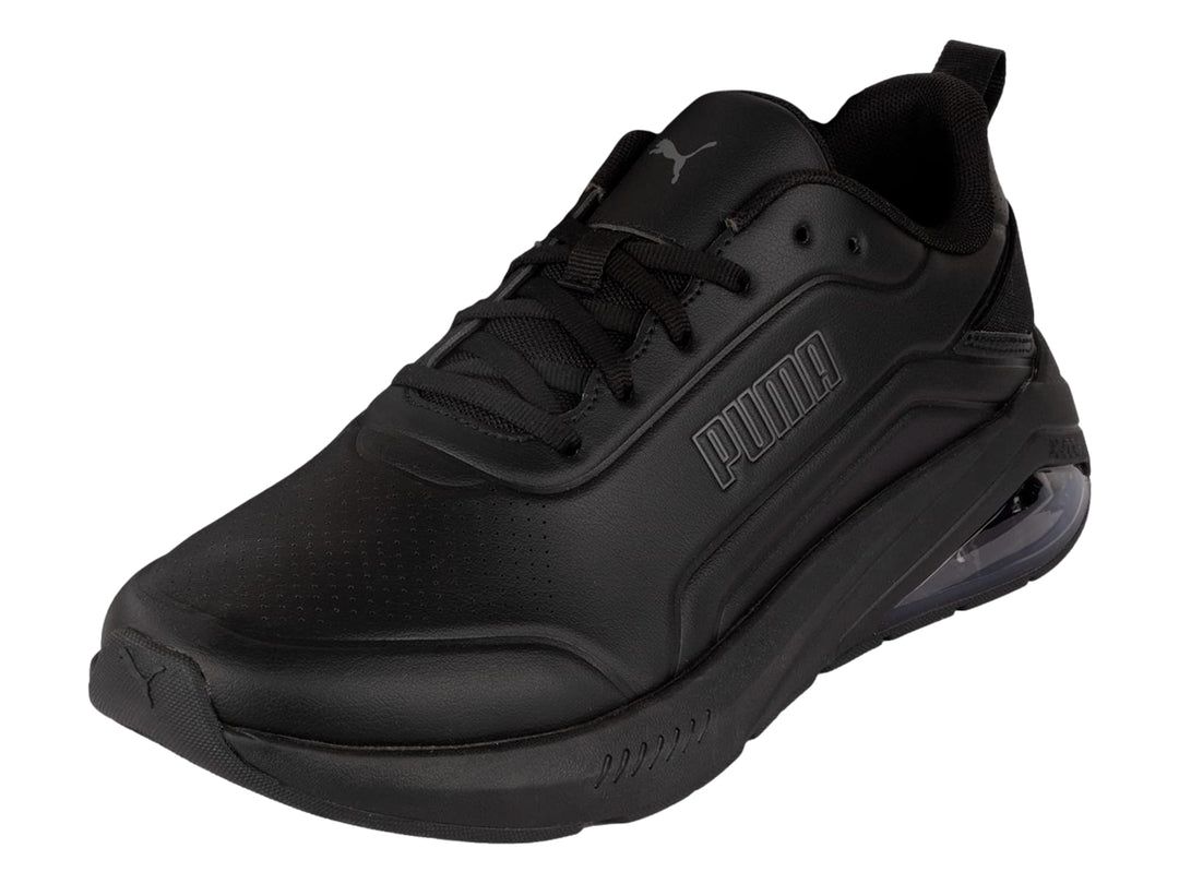 Tenis deportivos PUMA color negro con cámara de aire transparente en el talón.