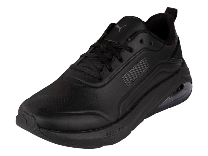Tenis deportivos PUMA color negro con cámara de aire transparente en el talón.
