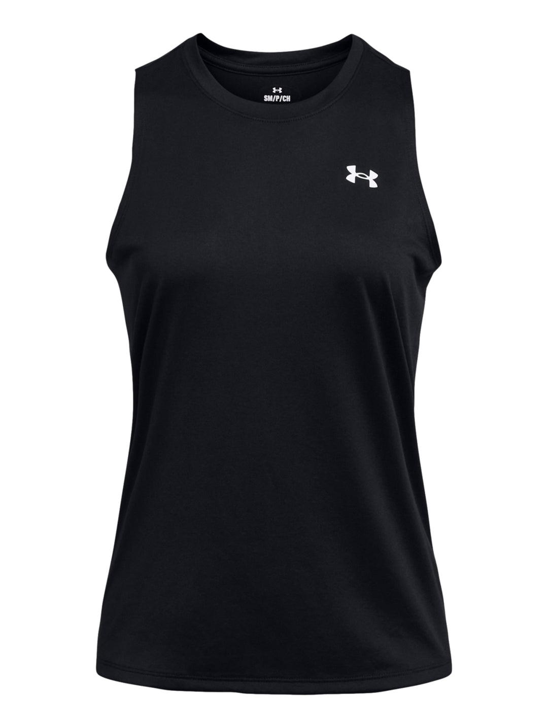 Mujer vistiendo una camiseta deportiva sin mangas de color negro de la marca Under Armour.