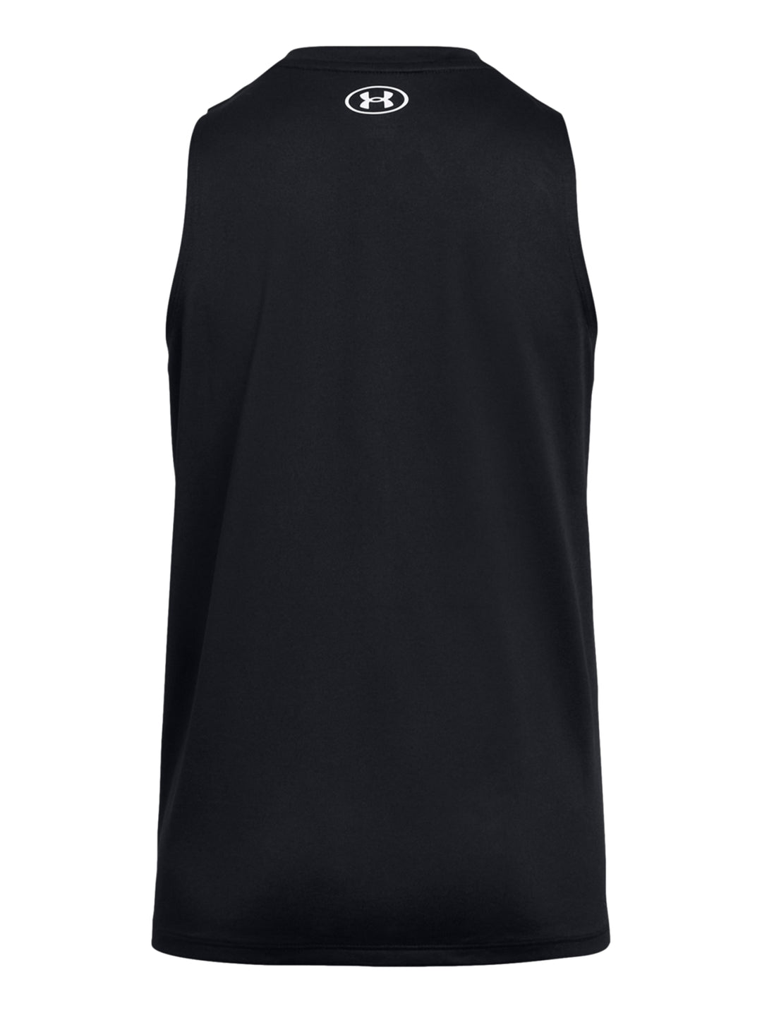 Mujer vistiendo una camiseta deportiva sin mangas de color negro de la marca Under Armour.