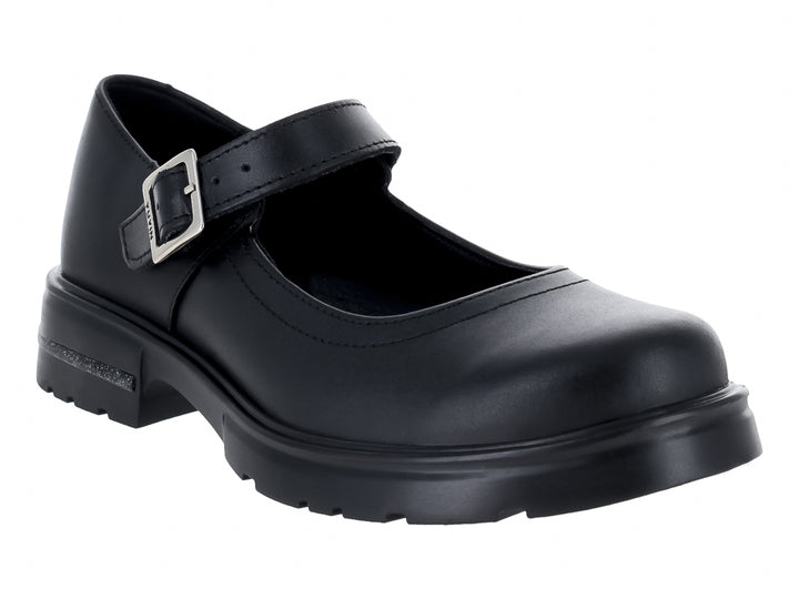 Zapato escolar negro con correa, hebilla plateada y detalle brillante en la suela.