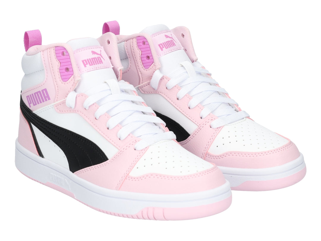 Tenis PUMA Rebound V6 Mid Blanco y Rosa para Niña