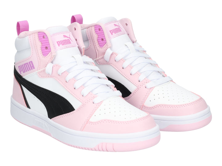 Tenis PUMA Rebound V6 Mid Blanco y Rosa para Niña