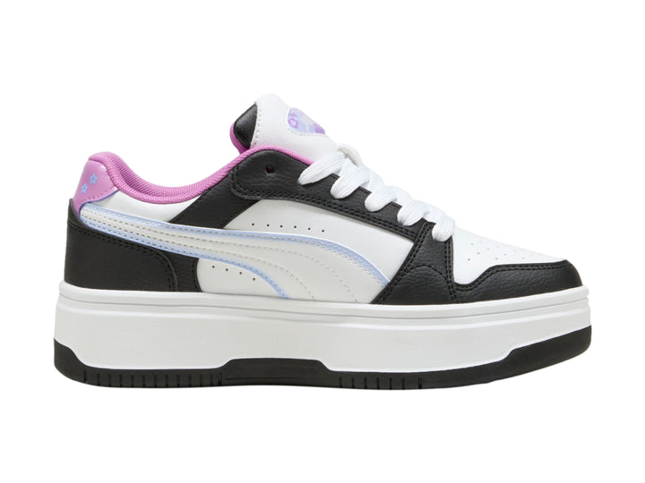 Tenis PUMA Rebound Femme para niña en colores negro, blanco y morado con suela de plataforma blanca.