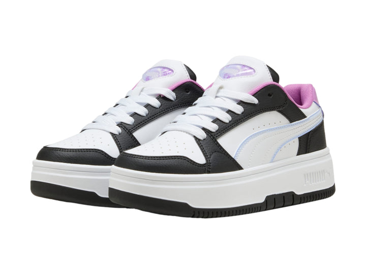 Tenis PUMA Rebound Femme para niña en colores negro, blanco y morado con suela de plataforma blanca.