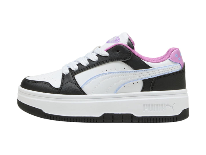 Tenis PUMA Rebound Femme para niña en colores negro, blanco y morado con suela de plataforma blanca.