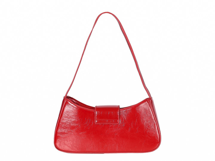 Bolso de hombro color rojo brillante con detalle de moño frontal y marca ROZE.