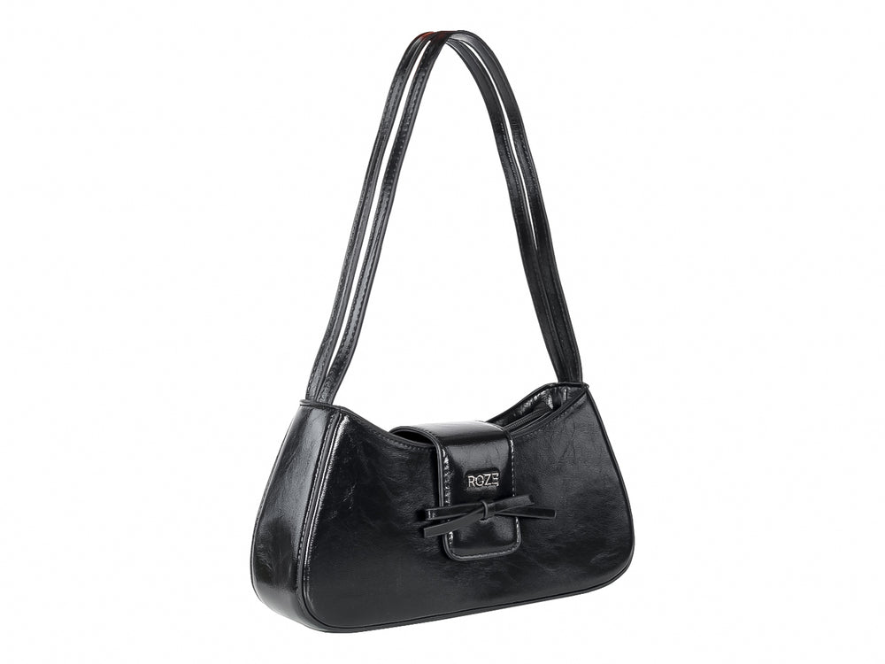 Bolso de hombro color negro con acabado brillante y detalle de moño frontal.