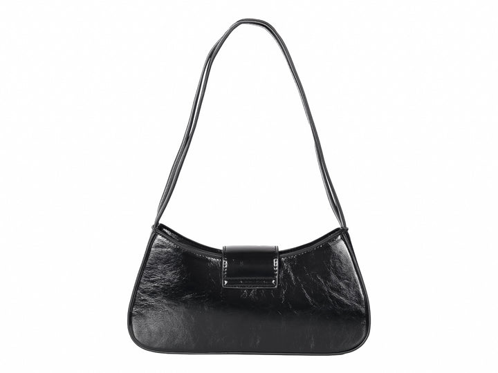 Bolso de hombro color negro con acabado brillante y detalle de moño frontal.