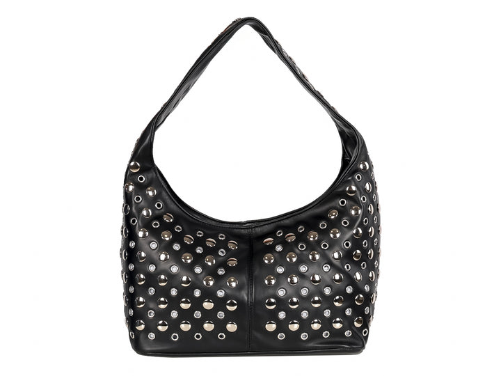 Bolso hobo negro con detalles de estoperoles plateados y correa al hombro.