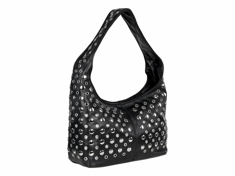 Bolso hobo negro con detalles de estoperoles plateados y correa al hombro.