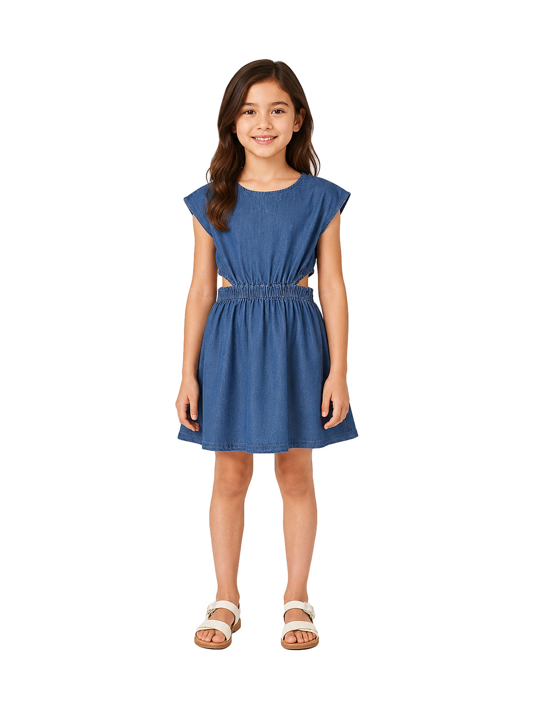 Niña con vestido casual color azul claro, sin mangas y con aberturas en la cintura.