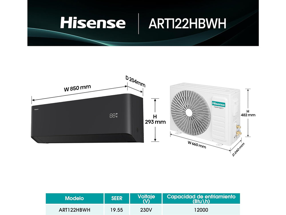 Aire acondicionado split Hisense de color negro con panel digital frontal.