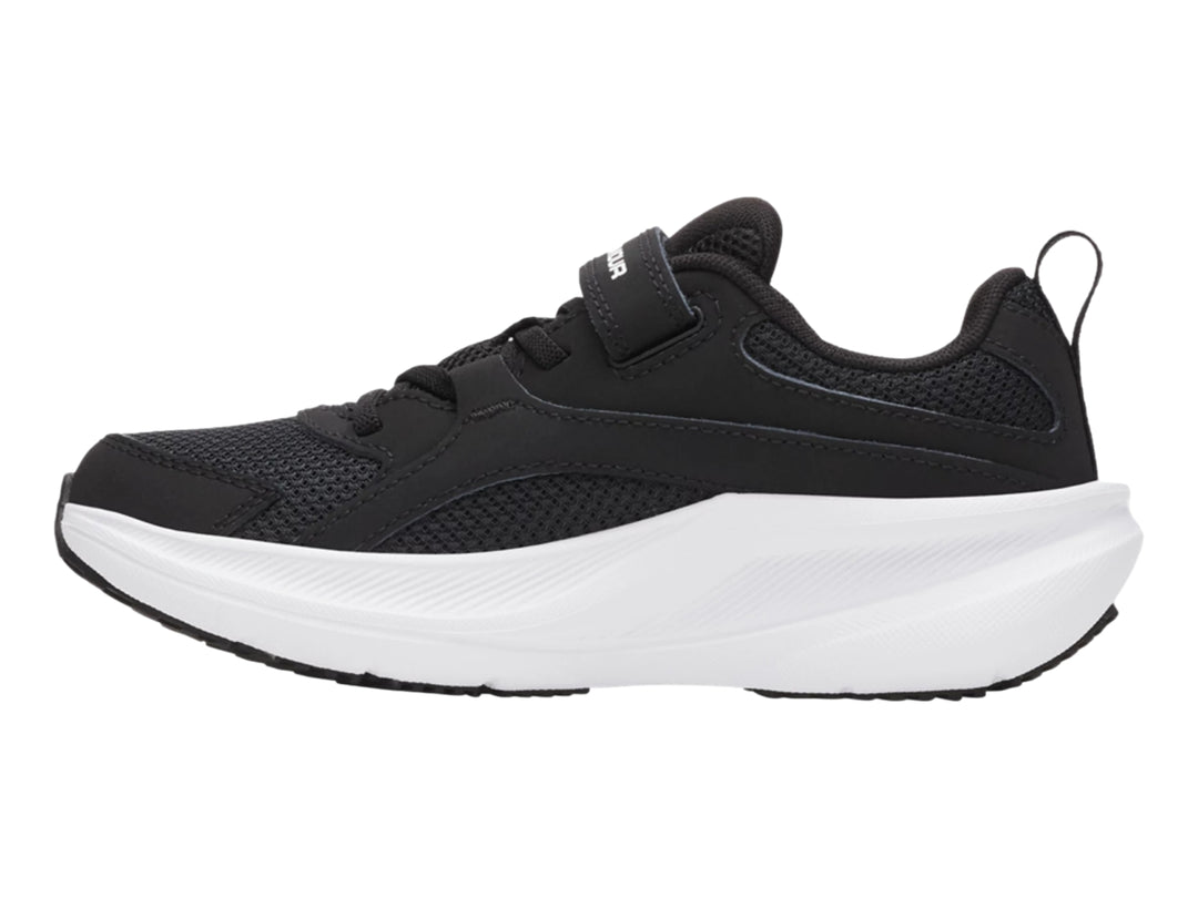 Tenis deportivos Under Armour para Niño en color negro con suela blanca y correa de velcro.