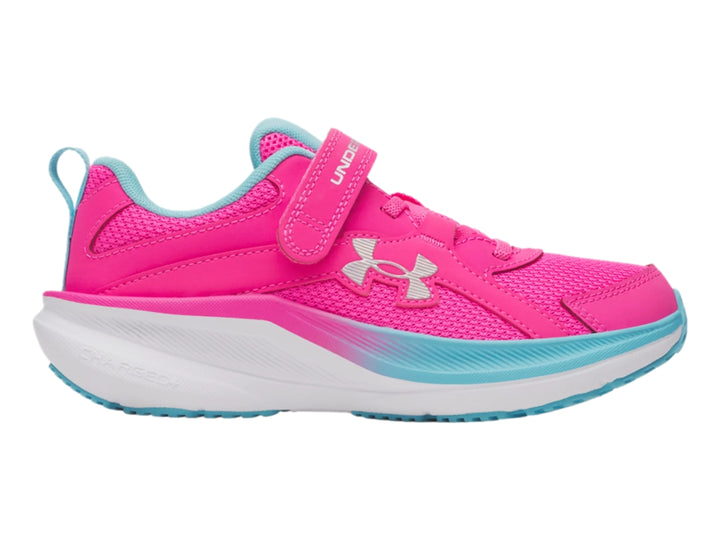 Tenis deportivos Under Armour para niña en color rosa con detalles en azul claro y blanco, cierre de correa velcro.
