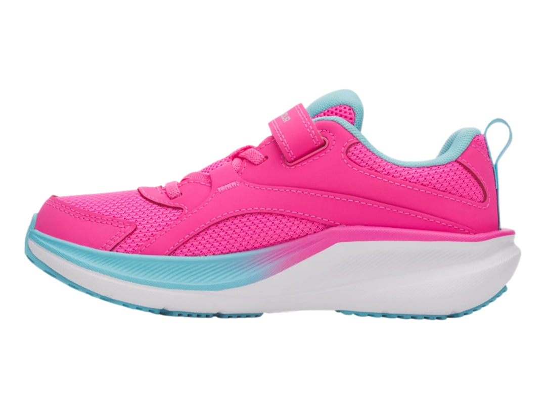 Tenis deportivos Under Armour para niña en color rosa con detalles en azul claro y blanco, cierre de correa velcro.