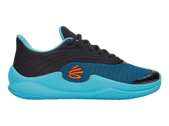 Tenis de baloncesto Under Armour en colores negro y turquesa con diseño moderno.