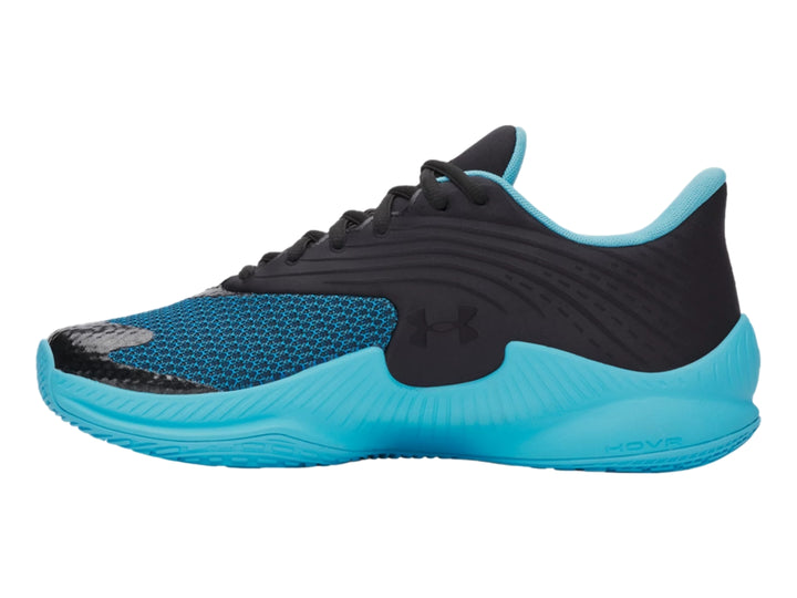 Tenis de baloncesto Under Armour en colores negro y turquesa con diseño moderno.