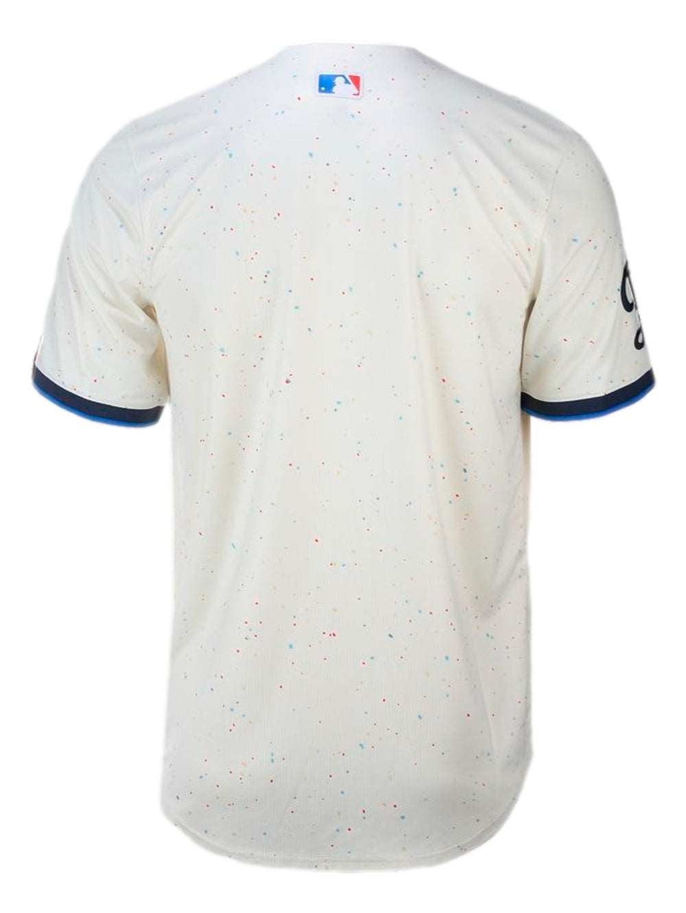 Jersey de béisbol Nike Limited Dodgers City Connect color beige con letras azules y detalles rojos y azules.