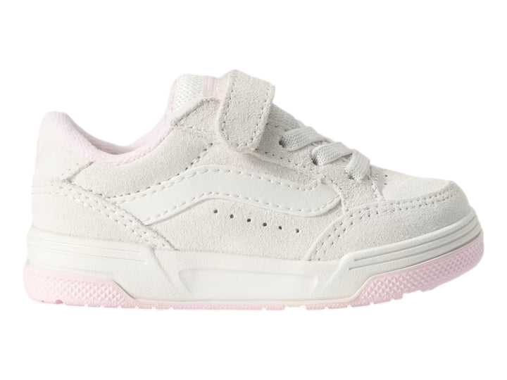Tenis Vans color blanco con suela rosa y correa de velcro para Niño.