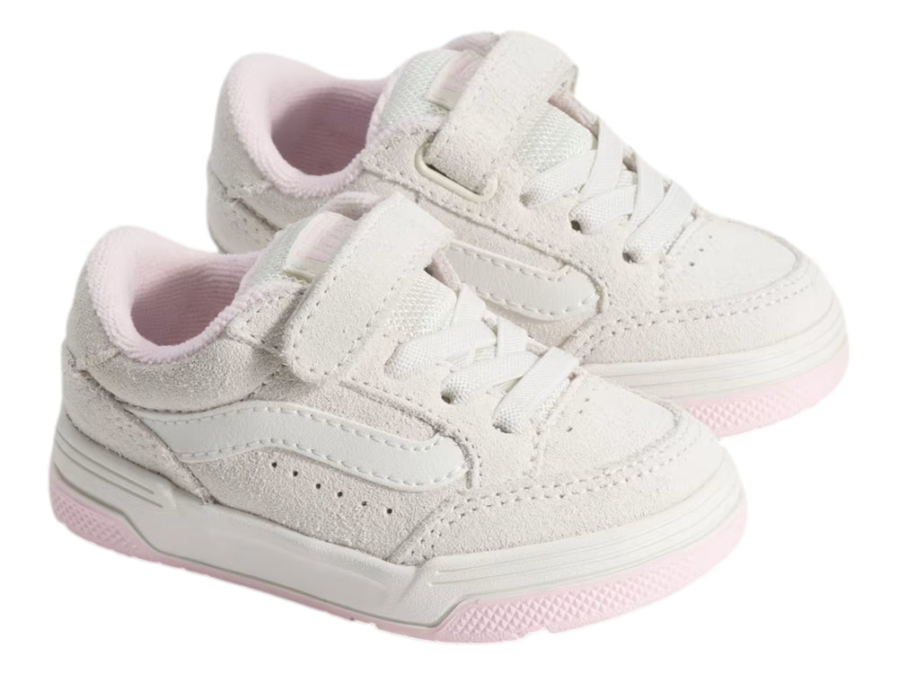 Tenis Vans color blanco con suela rosa y correa de velcro para Niño.