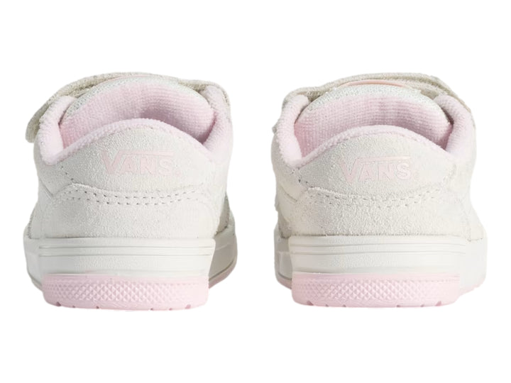 Tenis Vans color blanco con suela rosa y correa de velcro para Niño.