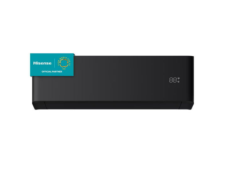 Aire acondicionado split Hisense de color negro con pantalla digital frontal.