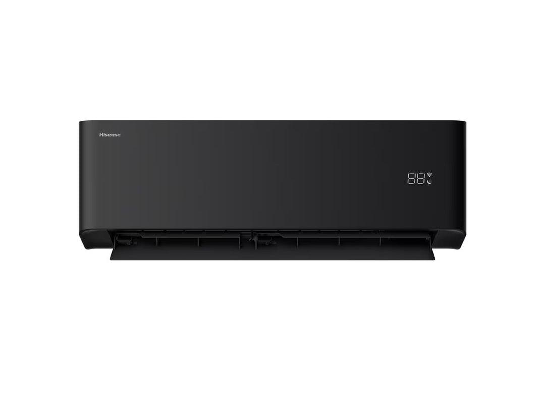 Aire acondicionado split Hisense de color negro con pantalla digital frontal.