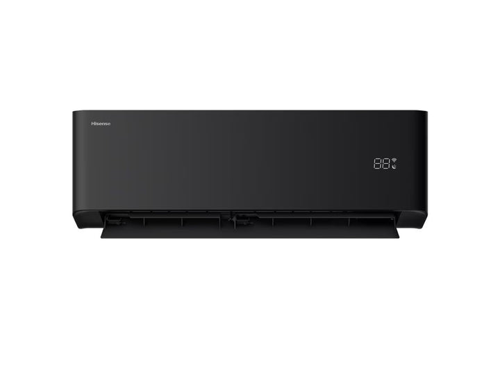 Aire acondicionado split Hisense de color negro con pantalla digital frontal.