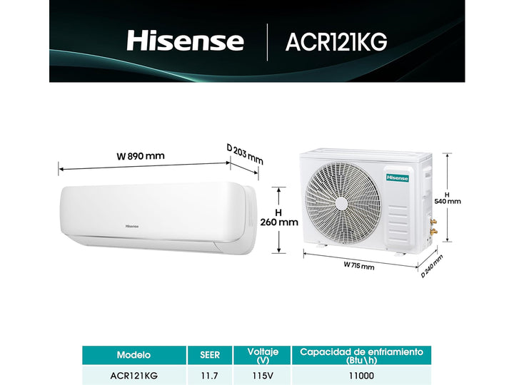 Unidad interior de aire acondicionado Hisense en color blanco con diseño moderno y rectangular.