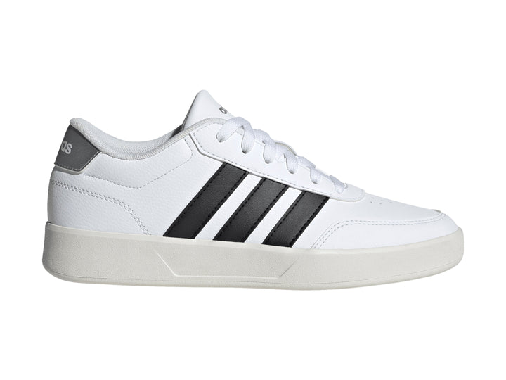 Tenis Adidas Breaknet 3.0 en color blanco con tres franjas negras laterales y detalle plateado en el talón.